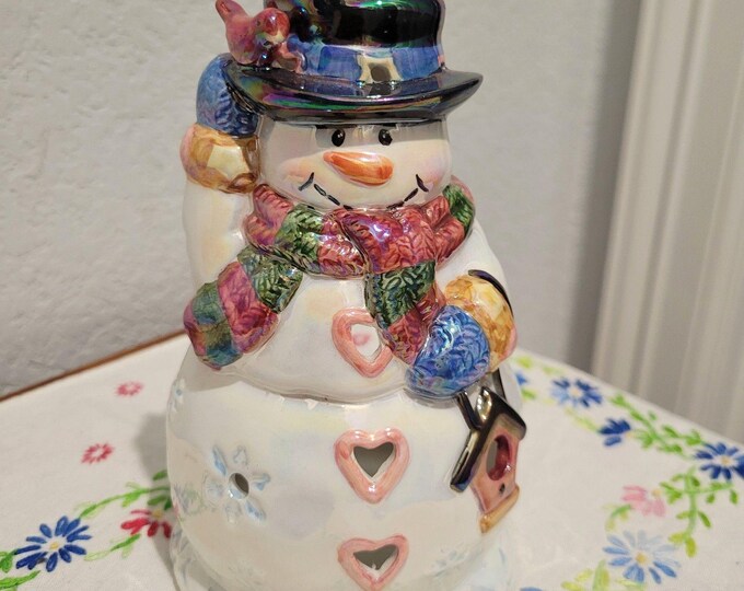 Vintage Lusterware Snowman Tea Light Holder Porcelain Christmas Decoration 6"
