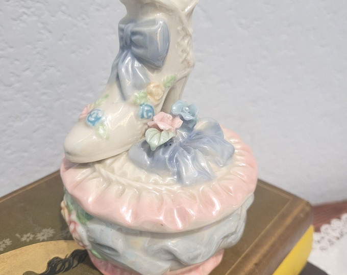 Vintage Lusterware Victorian Woman's Boot  Flowers Trinket Box Ring Box Romantic