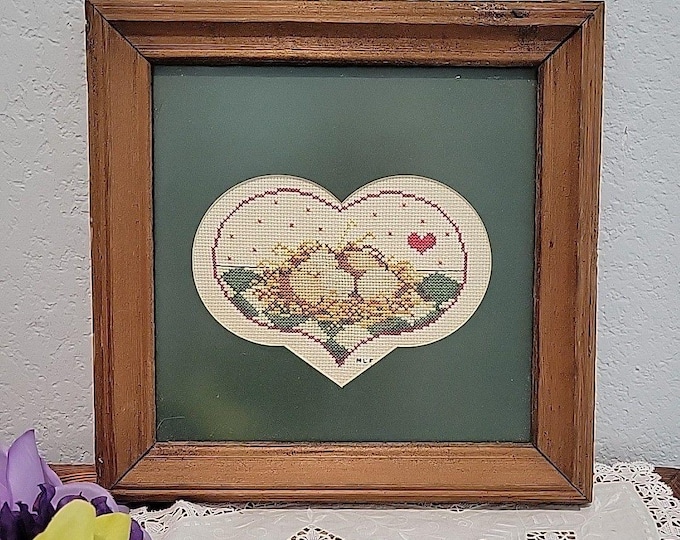 VTG Needlepoint Framed Signed Art Handmade USA Heart Nest Cottage Country Farm