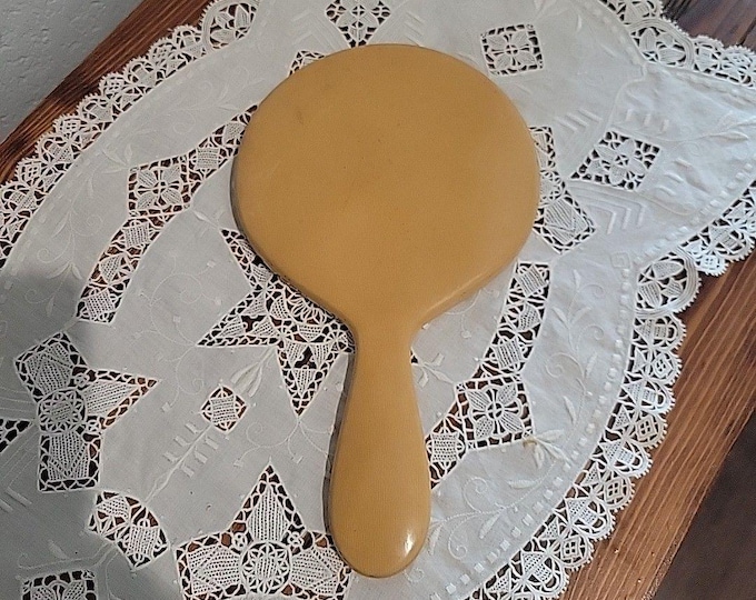 Antique 1920s Art Deco Celluloid Hand Mirror Beveled Glass Vanity 20s 30s FLAW