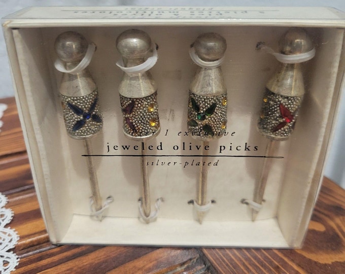 Vtg Pier 1 Exclusive Jeweled Silver Plated Olive Picks Jeweled Fancy Heavy Duty