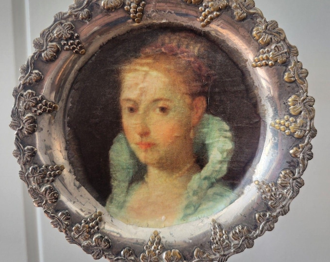 Antique Miniature Silver Tray w/ Portrait of a Lady decoupaged inside back hangs
