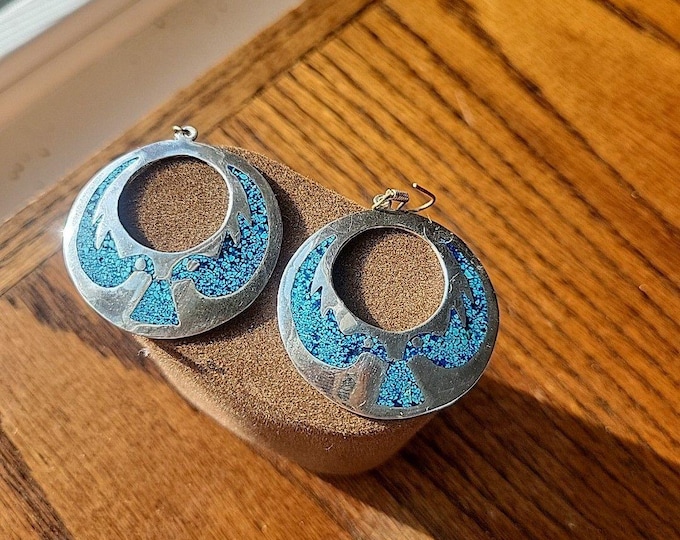 Vtg Alpaca Mexico Crushed Turquoise Dangle Earrings Open Round 2 Doves pyramid