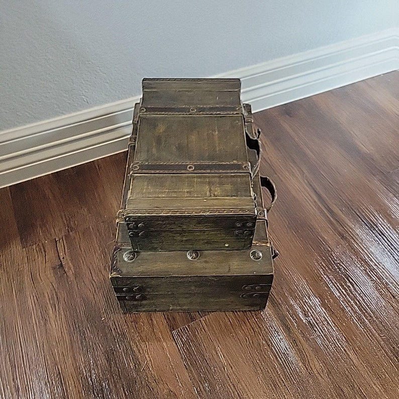 Vintage Style Decorative Wood & Leather Storage Trunks Suitcase Pair Brown Stack image 2
