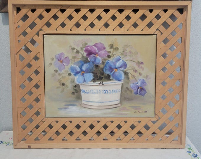 Vintage raw wood lattice framed floral oil painting by L. Tunnell OOAK Cottage