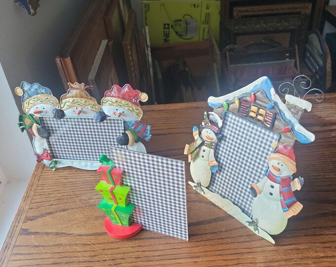 Vtg 90s lot of 3 christmas photo picture frames Snowman Gifts Tower 4x6" photos