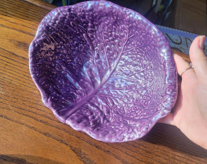 Vtg Purple Cabbage Bowl Large 10.5" wide oval handmade ceramic glossy footed