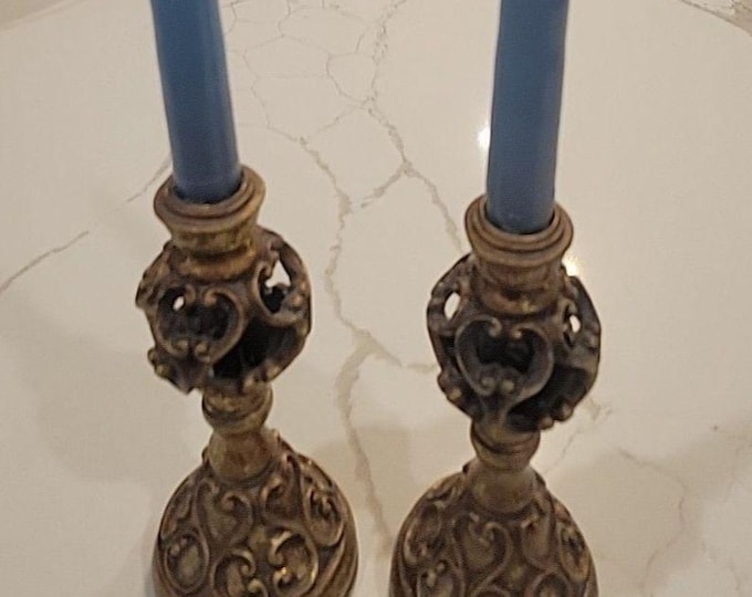 Ornate Gold Tone Resin Candle Holder, Scrolled Design, 8 Inches Tall (Lot of 2)