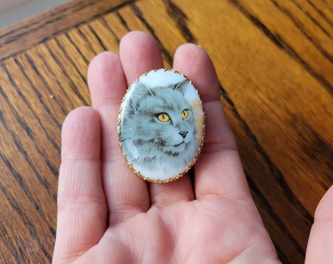 Vtg West Germany Gray Tabby Kitty Cat Cameo Brooch Pin Gold Tone Oval Porcelain