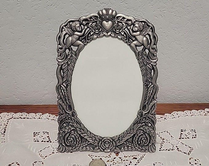 Vtg Decorative Pewter Photo Frame Angels Roses Crown 8.75" x 6" Ornate Victorian