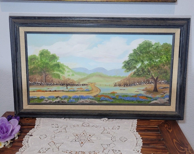TX Bluebonnets Landscape Oil Painting signed 29x17" frame Linen Matt 24 x 12 art