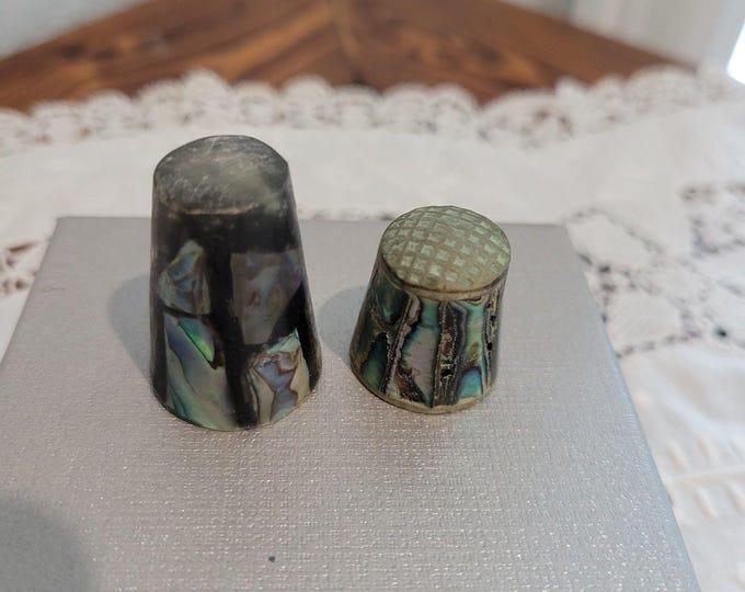 2 Vintage Inlaid Abalone Shell Thimbles MOP Mother Of Pearl sewing crafts MCM