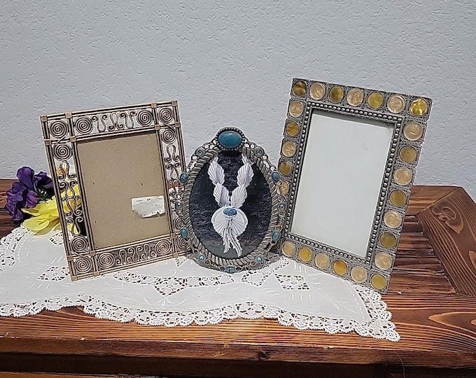 Lot of 3 VTG Picture Frames Boho Wedding Gold Tone Silver Turquoise Enamel Decor