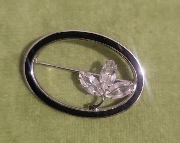 Vintage Mid Century Rhinestone Flower and Sterling silver brooch pin retro 50s