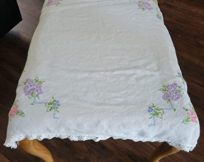 Vintage Table Linen Handmade Cross Stitch Embroidered Luncheon Cloth 31 X 34