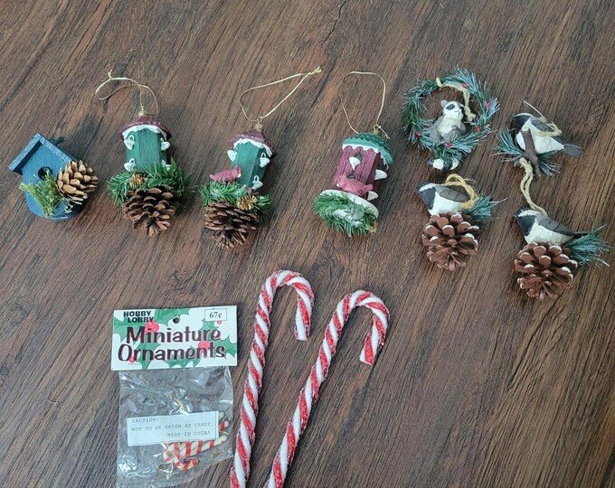 11 pc Christmas ornament set birds birdhouses nests candy canes Cottage Country