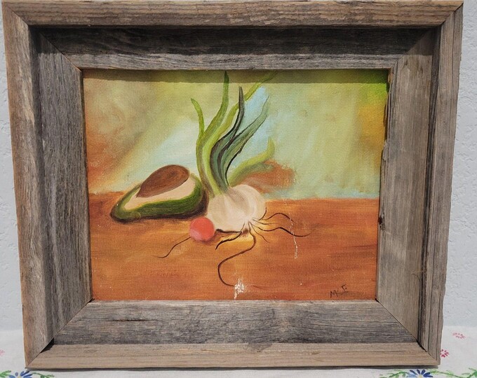 Original Still Life Painting Avacado Garlic Onion Signed Framed Rustic Kitchen