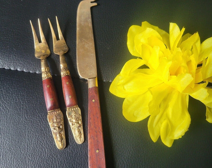 Vintage MCM Rosewood and Brass appetizer forks and butter knife Samran Thailand