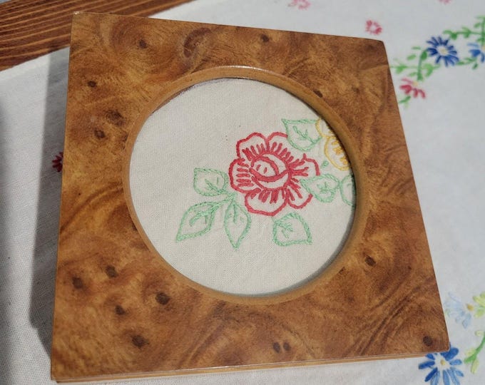 Vintage MELE Burlwood Jewelry Box Peach Velvet Square with Round photo insert