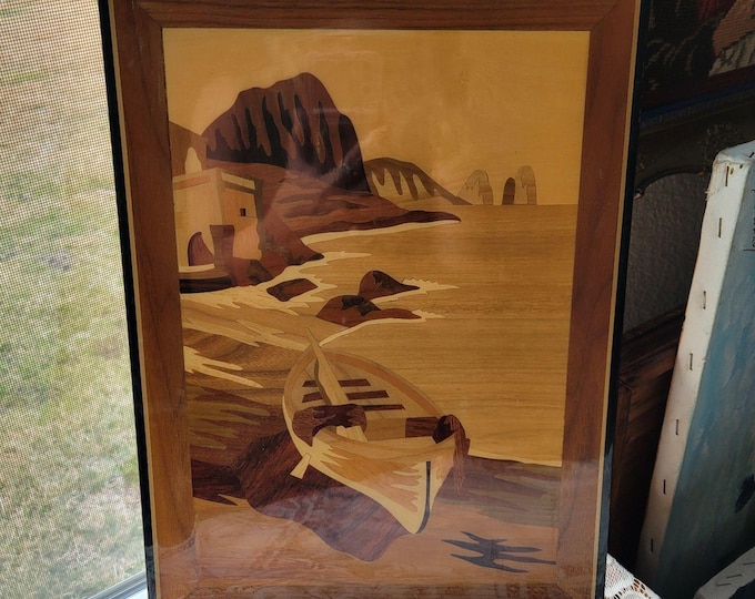 Italian Inlay Wood Marquetry Wall Art Seascape Coastline Boats Vtg 15" x 11" MCM