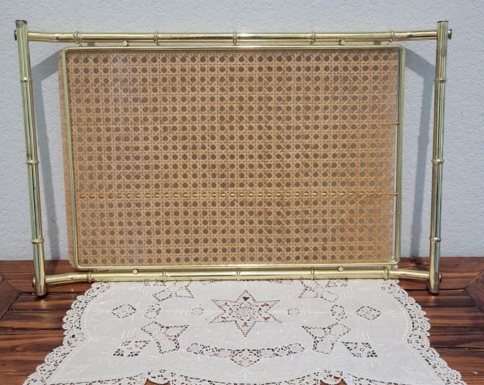 Serving Tray Acrylic Rattan Brass MCM Vintage Dior Style   21 .5" Rectangle RARE