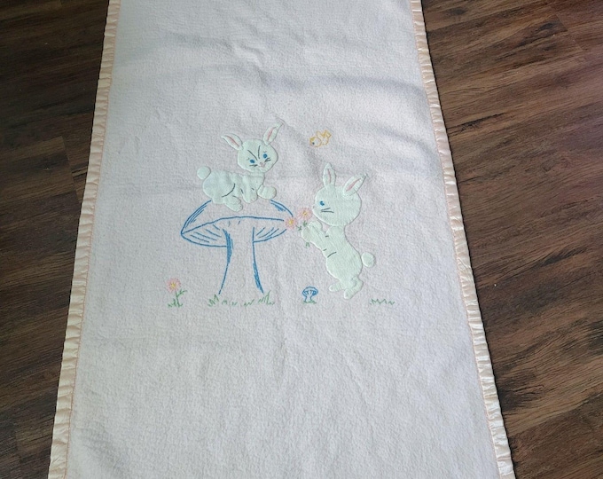 Vintage Pastel Pink Baby Blanket Applique Bunnies Mushroom Bird flower satin tri