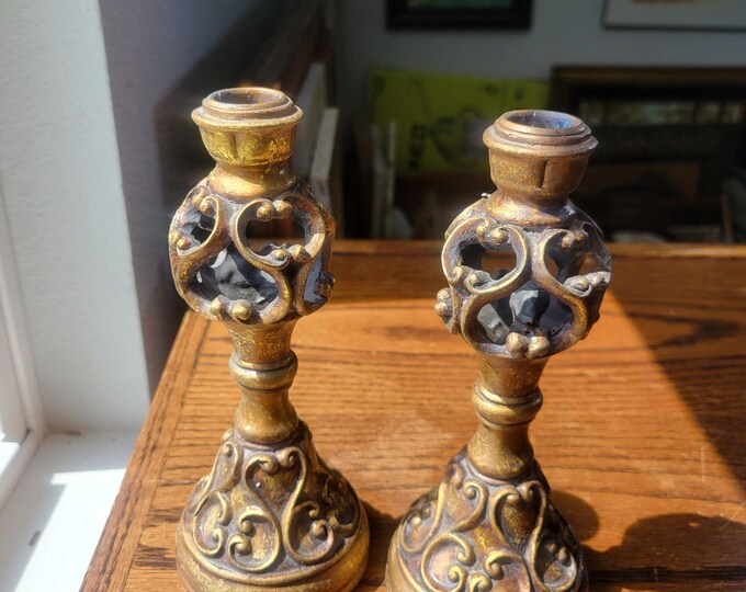 Ornate Gold Tone Resin Candle Holders (Set of 2), 8 Inch Tall Vintage Style