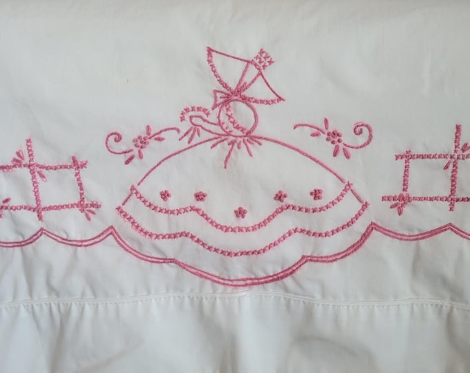 2 Set Vtg Hand Embroidered Pillowcases Southern Bell Hoop Skirt Bonnet Flowers