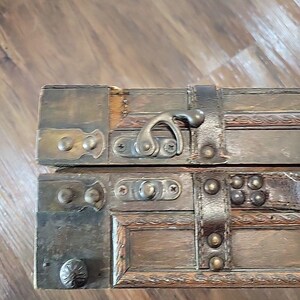 Vintage Style Decorative Wood & Leather Storage Trunks Suitcase Pair Brown Stack image 10