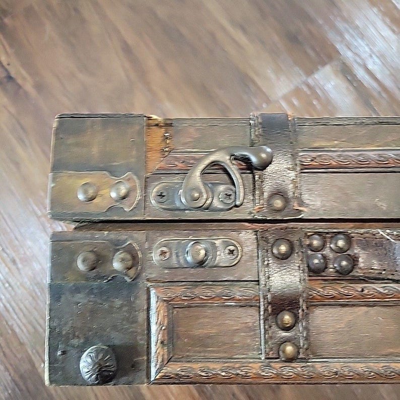 Vintage Style Decorative Wood & Leather Storage Trunks Suitcase Pair Brown Stack image 10