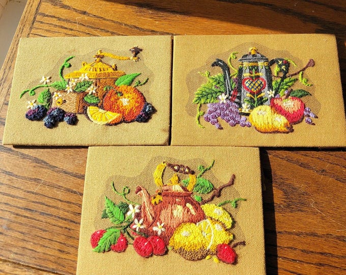 Vtg Set of 3 Sunset Designs Crewel Embroidery Completed Teapot designs on Boards