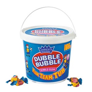 May include: A blue plastic Dubble Bubble Fun Team Tub container with a white lid and handle. The label features the Dubble Bubble logo, cartoon characters, and the text 165 ct. Two individually wrapped bubble gum pieces sit in front of the tub.