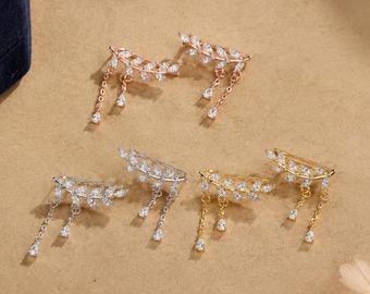 CZ Leaf Crawler Earrings with Dangle Chains in Sterling Silver, Olive Branch Ear Climbers, Gold Silver or Rose Gold Nature-Inspired Jewelry.