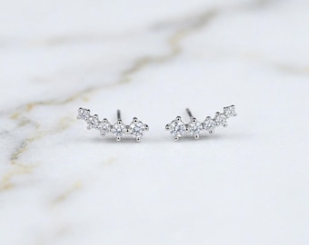 Extra Tiny Shooting Star CZ Stud Earrings, Sterling Silver Gold Earrings, Curved CZ Bar Studs, Minimalist Stacking Jewelry