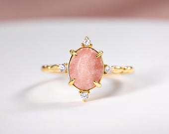 Oval Rhodochrosite Ring, 925 Sterling Silver, Dainty Gemstone Promise Ring