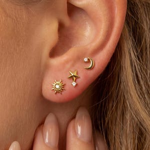 14K Gold 3PAIRS Celestial Earring Set, Dainty Diamond Stud Set, Minimalist Gold Ear Stack, Everyday Stud,CZ Star Moon Sun,Cartilage Piercing