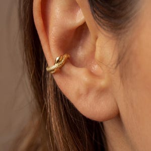 May include: A gold-toned ear cuff shaped like a coiled snake with a textured, scale-like surface. The jewellery piece wraps around the cartilage of the ear, featuring a smooth, rounded head and a slender, tapering tail that curves along the ear edge.