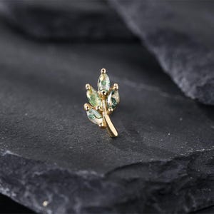 20G/18G/16G Moss Agate Leaf Push Pin Labret,14k Gold Gemstone Ear Bone Stud,Helix Stud for Women,Tragus Stud,Flat Back Stud