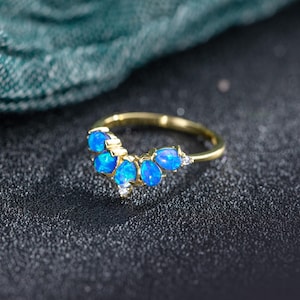 Blue Opal Chevron Ring,Opal V Ring,925 Sterling Silver,Adjustable Size,Nesting Band, Curved Wedding Ring