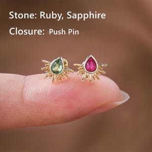 Labret con filettatura interna e goccia di rubino tsavorite in oro 14 carati, orecchino con parte posteriore piatta