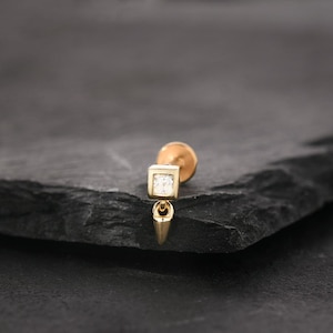20G/18G/16G Square Moissanite Dangle Push Pin Labret,Threadless Flat Back Earring,Tragus Stud,Flat Back Stud,Helix Stud,Cartilage Stud