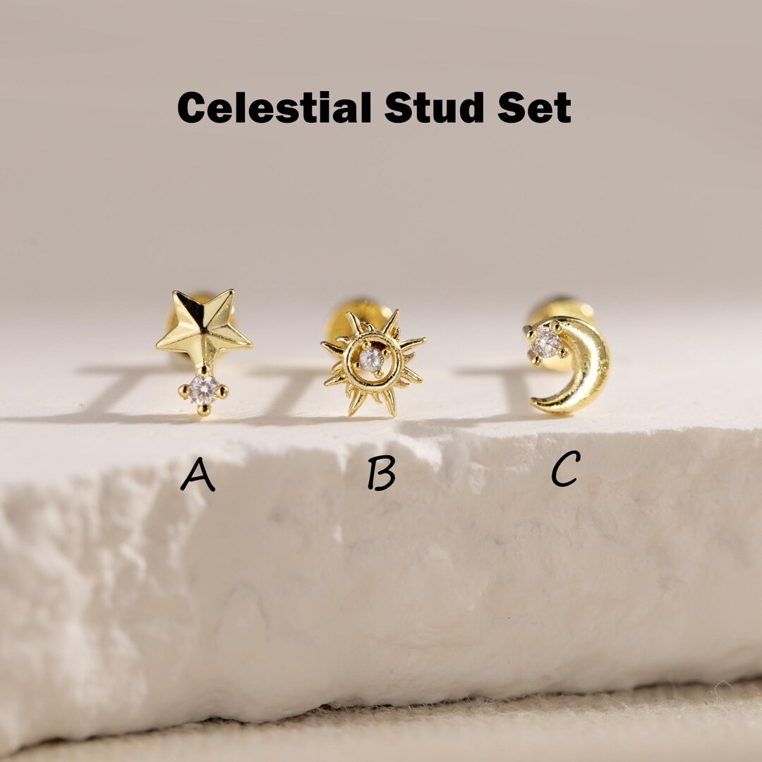 Gold Plated Celestial Stud Earrings Set, CZ Star Moon Sun, Cartilage ...