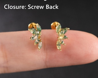 Moss Agate Cartilage Stud, Sterling Silver Internally Threaded Earring Stud