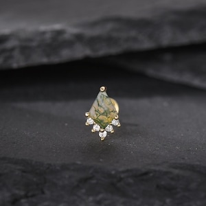 20G/18G/16G Kite Moss Agate Push Pin Labret,14k Gold Gemstone Stud,Kite  Push Pin Stud,Helix/Tragus/Cartilage Stud,Flat Back Stud