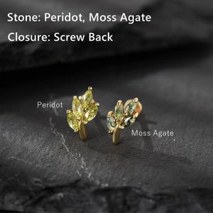 Moss Agate Leaf Labret, 14k Gold Peridot Cartilage Stud