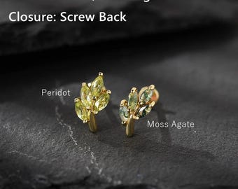 Labret de hoja de ágata musgosa, pendiente de cartílago de peridoto de oro de 14k
