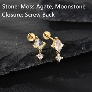 CZ Dangle Moonstone Cartilage Stud, 925 Sterling Silver, Titanium Flat Back