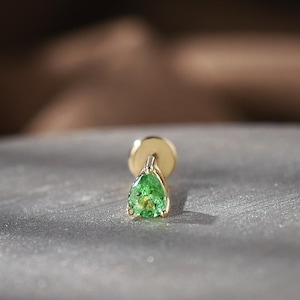 20G/18G/16G 14K Gold Drop Tsavorite Push Pin Labret,Threadless Flat Back Earring,Tragus Stud,Flat Back Stud,Helix Stud,Cartilage,Nose Stud