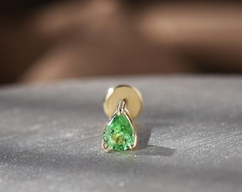 14K Gold Tsavorite Drop Labret, Threadless Tragus, Helix Stud