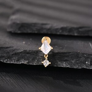 20G/18G/16G Cz Dangle Moonstone Push Pin Labret,Threadless Flat Back Earring,Tragus Stud,Flat Back Stud,Helix Stud, Cartilage Stud